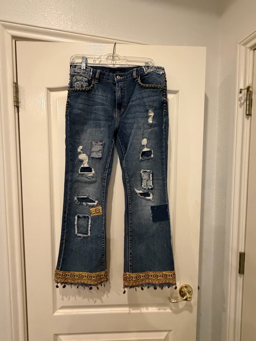 Embellished Hem Distressed Women’s Patch Blue Jeans